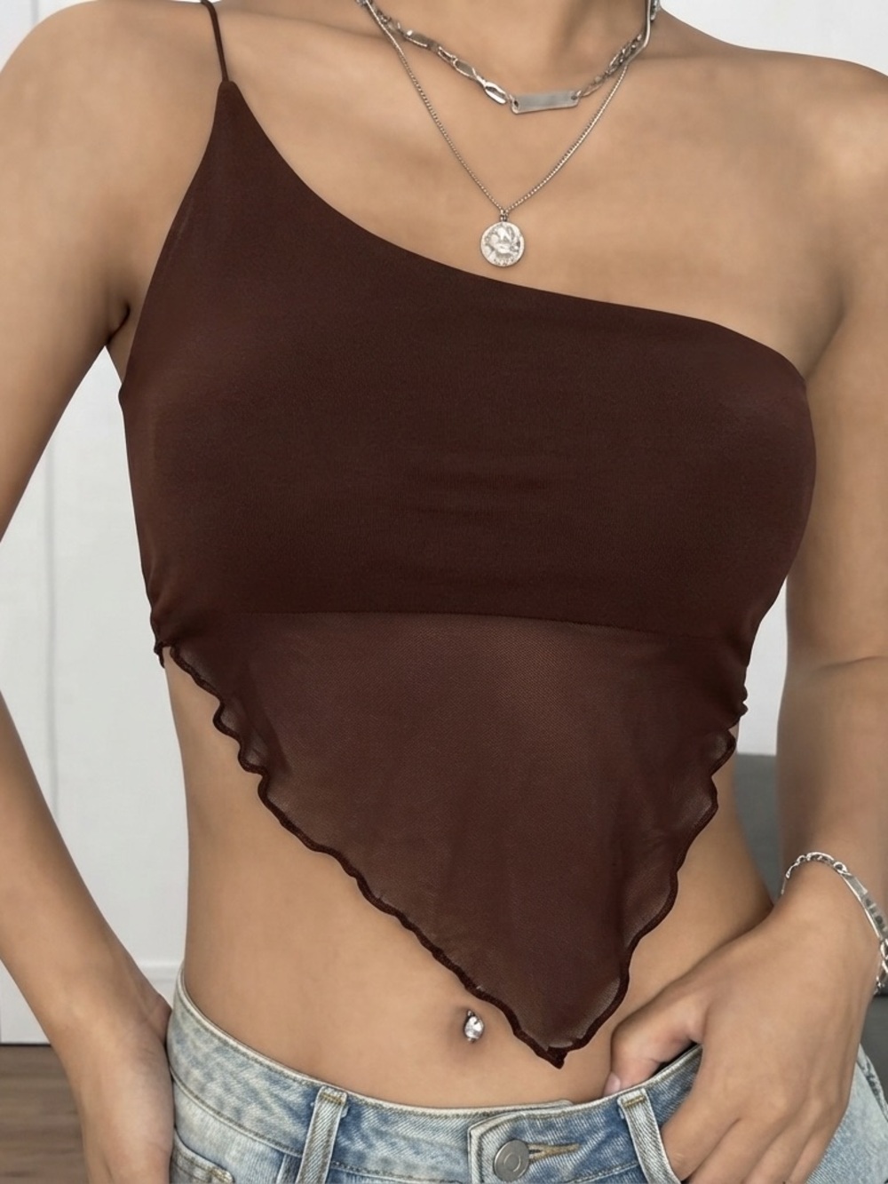 Brown One-Shoulder Handkerchief Hem Crop Top